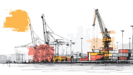 Cargo Port Outline with Cranes and Containers for Logistics Industry Professionals