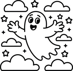 Obraz premium Cute cartoon ghost with open arms floating among stars and clouds in a simple outline drawing style