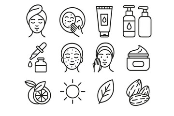 Skincare routine icons set. Beauty and cosmetic line icons for facial treatment. Vector symbols for dermatology, spa, face mask, cream, serum, natural ingredients, and acne.