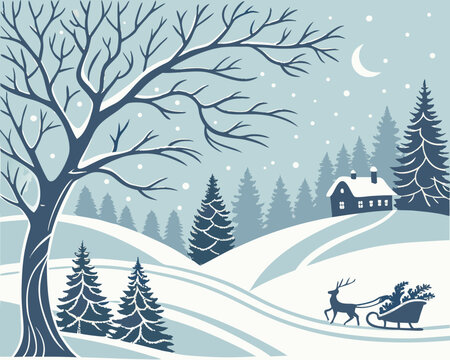 An idyllic winter landscape featuring snow-covered trees, a small village in the distance, and a festive sled pulled by reindeer, creating an enchanting image perfect for holiday cards or wall art.