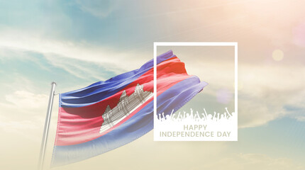 Cambodia flag waving proudly under a bright sky with text happy independence day. Cambodia national...
