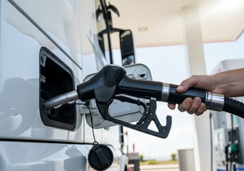 Ultra-realistic close-up of a white truck being refueled, focusing on the fuel nozzle held by an unseen worker, with premium lighting for logistics visuals.