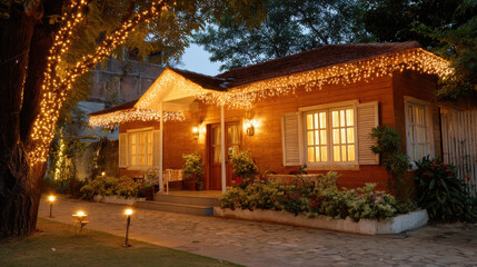 charming wooden house elegantly adorned with string lights sets perfect backdrop for romantic evening