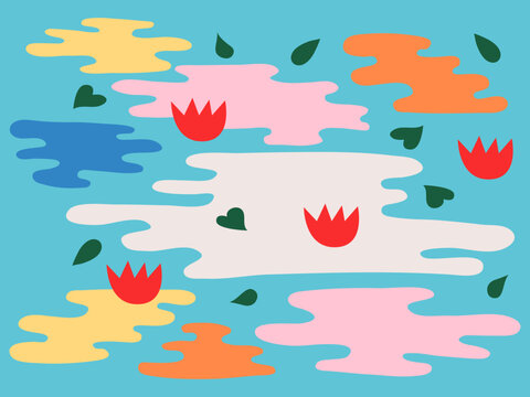 Tropical Banner with Water Pond in Blue with Leaves and Flowers. Abstract Botanical Shapes of Foliage Plants Nature Background Pattern