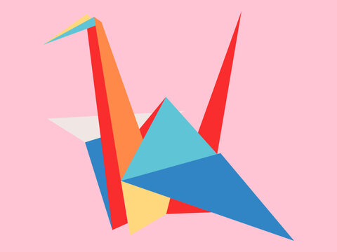 Origami Crane in Abstract Modern Geometric Flat Multi-color Vector illustration. Crystal, 3d Geometric Shape Icon, Logo Design for Flying and Traveling Concept