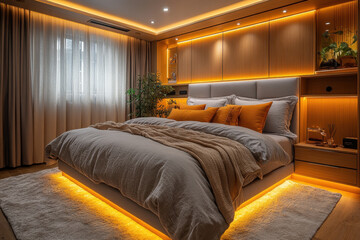 Bed with a light above it in a bedroom.