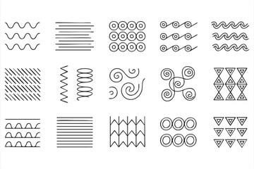 Abstract design symbols collection including waves, zigzag and geometric pattern icons