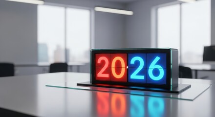 Digital Countdown Clock Displaying Year 2026 in Modern Office