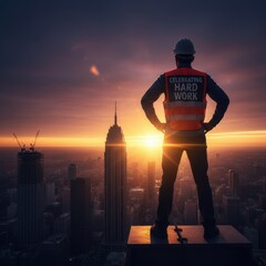 Sunset Over City Skyline with Construction Worker Observing View