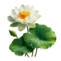 Pristine White Water Lily Blossom and Bud with Dewdrops on Black