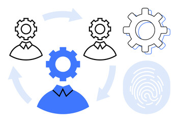 Human figures with gear heads, fingerprint icon, and circular arrows representing teamwork, automation, identity, and workflow. Ideal for teamwork, process, system innovation identity