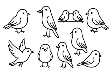 Obraz premium Cute bird vector set. Collection of simple minimalist line art birds. Cartoon animal icons in various poses, flying, standing. Kawaii doodle character illustrations.