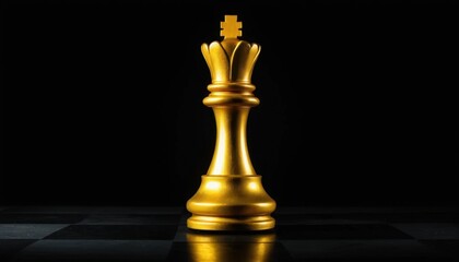 Golden Chess King Piece on Black Background with Checkerboard Pattern