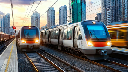 Fototapeta premium City trains arriving and departing at a busy station during suns