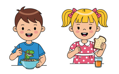 “Two children eating breakfast together, boy with cereal bowl, girl with bread and juice, happy kids mealtime cartoon illustration”