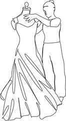 One continuous single drawing line art flat doodle sewing, woman, evening gown, fashion designer, mannequin, tailor. Isolated image hand draw contour on a white background, hand drawn, not AI