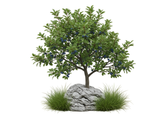 A plum tree with ripe fruit, displayed against a dark background, sits atop a textured stone with surrounding greenery.