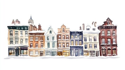 Fototapeta premium Winter New York buildings architecture illustration watercolor.