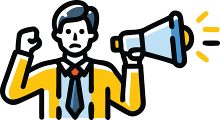 Determined businessman with megaphone announcing loudly announcement shouting