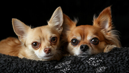 cute Chihuahua dogs cuddling on black blanket