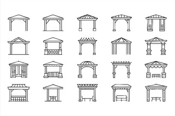 Outdoor gazebo and decorative structure icons for garden and architecture graphics
