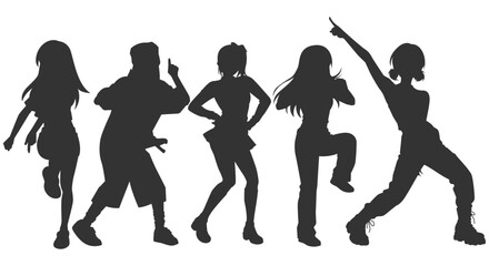 Set silhouette illustrations of kpop idols singing and dancing on stage. Flat vector kpop music star. Modern group dancers with various different styles, poses and choreography. Korean pop cultures.