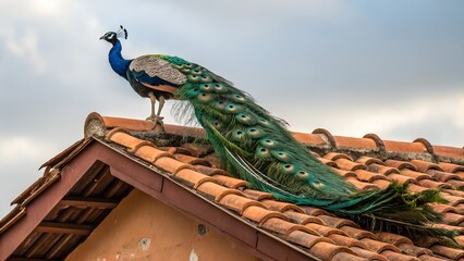 Fototapeta premium Peacock on terracotta roof .
