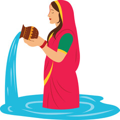 Happy Chhath Puja Festival Celebration Woman Worshiping Sun God Standing in River Offering Water