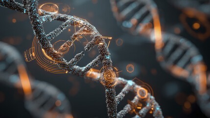 Abstract Double Helix Strand with Digital Interface Elements on Dark Background