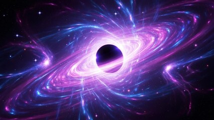 Cosmic black hole vortex swirling purple blue nebula energy streams distant stars glowing celestial phenomenon 4K Ai HD video.
- Powered by Adobe