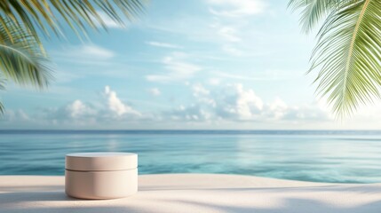 Obraz premium a hand cream product in a tropical beach scene 