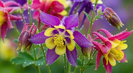 A closeup of colorful columbine flowers with water droplets on the petals, showcasing their intricate details