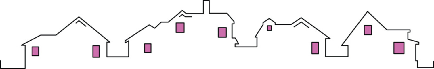 Charming house outlines create a whimsical skyline with purple windows, perfect for architectural designs or playful real estate concepts and neighborhood branding projects
