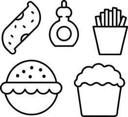 Minimalist vector art icons of fast food items and condiments illustration