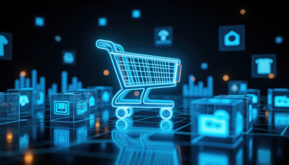 Neon Shopping Cart in Digital World