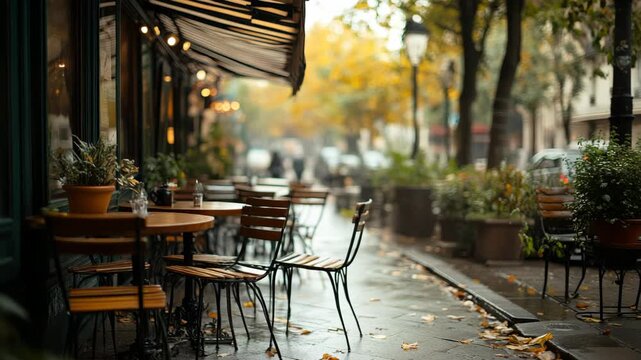 Cozy outdoor cafe with autumn ambiance and fall foliage on a city street