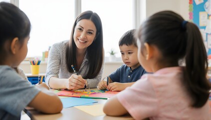 Female teacher guiding kids during creative lesson
