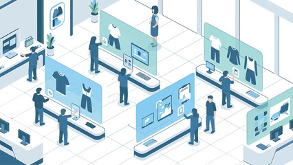 Obraz premium People interact with digital displays showcasing clothing and electronics in a modern retail store, highlighting the integration of technology and shopping experience.