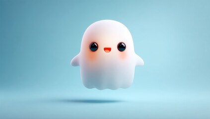 A friendly, cartoonish ghost floats against a simple, light blue background.