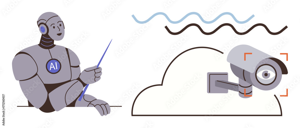 Poster ai robot with a pointer and cloud-connected surveillance camera highlights technology, security, clo
