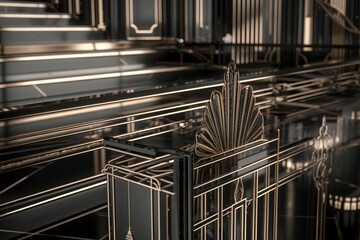 Obraz premium close-up of art-deco architectural details with streamlined ironwork and geometric patterns intertwined with steel tank outlines in industrial setting for design and heritage projects