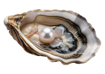 Close-up view of an oyster shell, showcasing a lustrous pearl nestled within its interior against a dramatic black background.