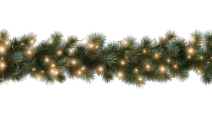 Illuminated Green Garland with Warm Lights on Transparent Background