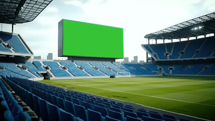 Empty Modern Sports Stadium with Large Green Screen Scoreboard Ready for Event or Advertising Mockup