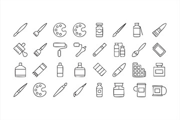 Artist and drawing supplies vector pack with palette, brushes and paint rollers symbols