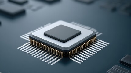 A close-up view of a microprocessor chip showcasing intricate circuitry and design, highlighting technological advancements in computer hardware.