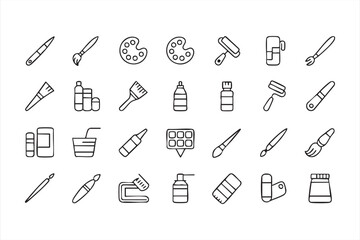 Art and painting supplies vector icons set with brushes, palette and paint bottles