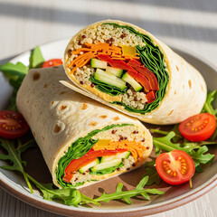 Gluten free vegan wrap with quinoa roasted vegetables and hummus, healthy plant based lunch, flat lay

