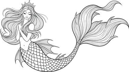 Beautiful mermaid princess line art, elegant ocean fantasy drawing, mythical sea creature illustration, underwater fairy tale artwork, decorative marine coloring design © Rafin's World