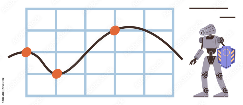 Poster robot holding shield beside data graph with fluctuating trendline and circular points. ideal for tec
